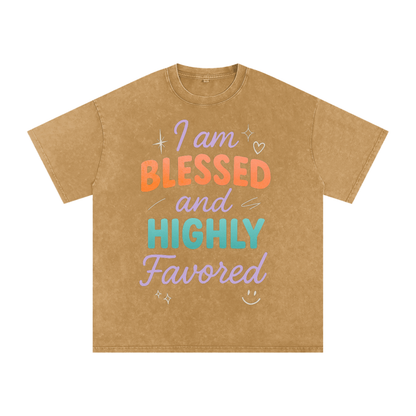 I Am Blessed and Highly Favored Snow Washed Oversized Cotton T-Shirt | Faith-Based |Christian Streetwear