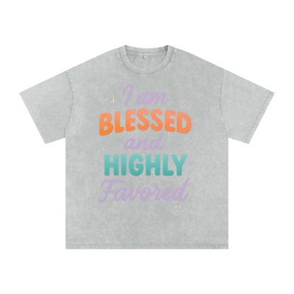 I Am Blessed and Highly Favored Snow Washed Oversized Cotton T-Shirt | Faith-Based |Christian Streetwear