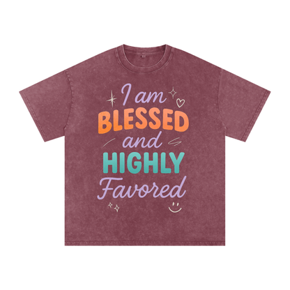 I Am Blessed and Highly Favored Snow Washed Oversized Cotton T-Shirt | Faith-Based |Christian Streetwear