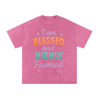 I Am Blessed and Highly Favored Snow Washed Oversized Cotton T-Shirt | Faith-Based |Christian Streetwear