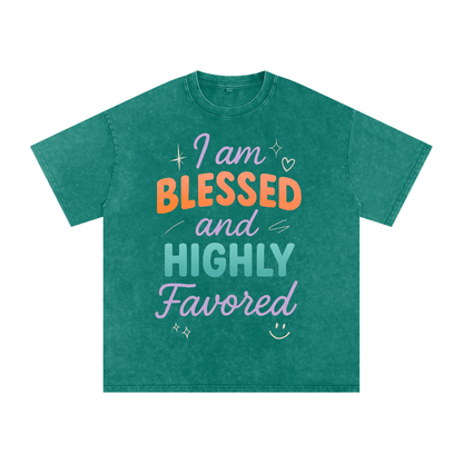 I Am Blessed and Highly Favored Snow Washed Oversized Cotton T-Shirt | Faith-Based |Christian Streetwear