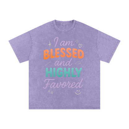 I Am Blessed and Highly Favored Snow Washed Oversized Cotton T-Shirt | Faith-Based |Christian Streetwear