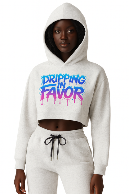 Women Dripping in Favor Essential Cropped Hoodie | Christian Streetwear | Faith Wear |