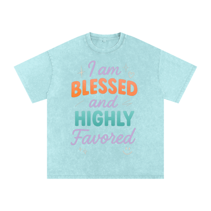 I Am Blessed and Highly Favored Snow Washed Oversized Cotton T-Shirt | Faith-Based |Christian Streetwear