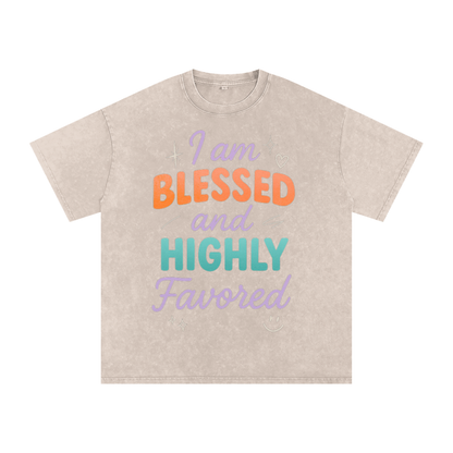 I Am Blessed and Highly Favored Snow Washed Oversized Cotton T-Shirt | Faith-Based |Christian Streetwear
