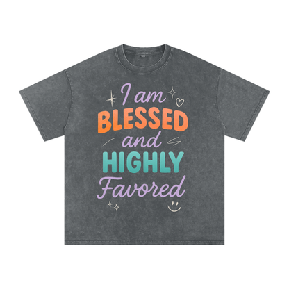 I Am Blessed and Highly Favored Snow Washed Oversized Cotton T-Shirt | Faith-Based |Christian Streetwear