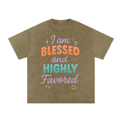 I Am Blessed and Highly Favored Snow Washed Oversized Cotton T-Shirt | Faith-Based |Christian Streetwear