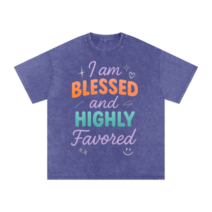I Am Blessed and Highly Favored Snow Washed Oversized Cotton T-Shirt | Faith-Based |Christian Streetwear
