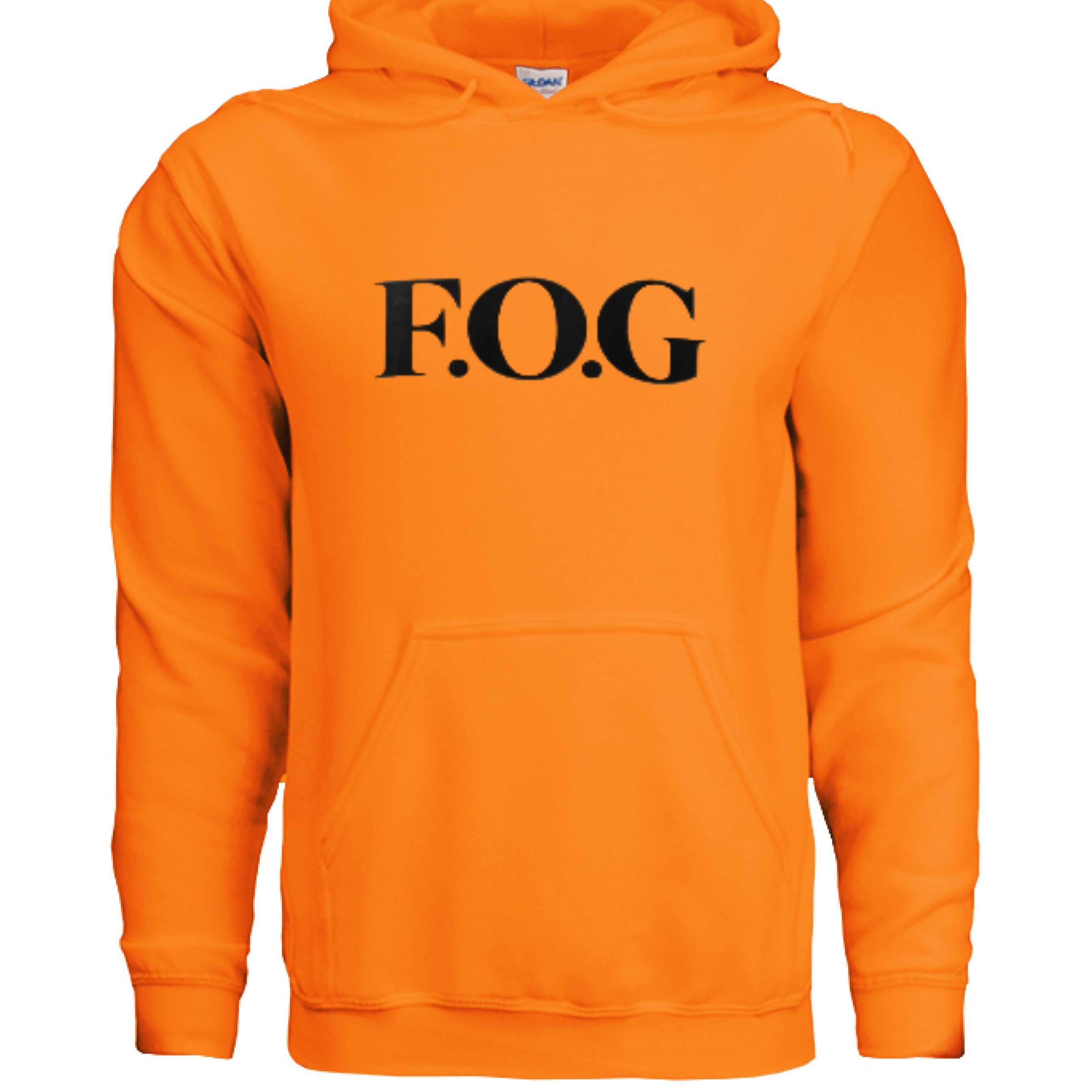 Christian Hoodie - F.O.G Signature Unisex Faith Streetwear in safety orange featuring prominent F.O.G logo.