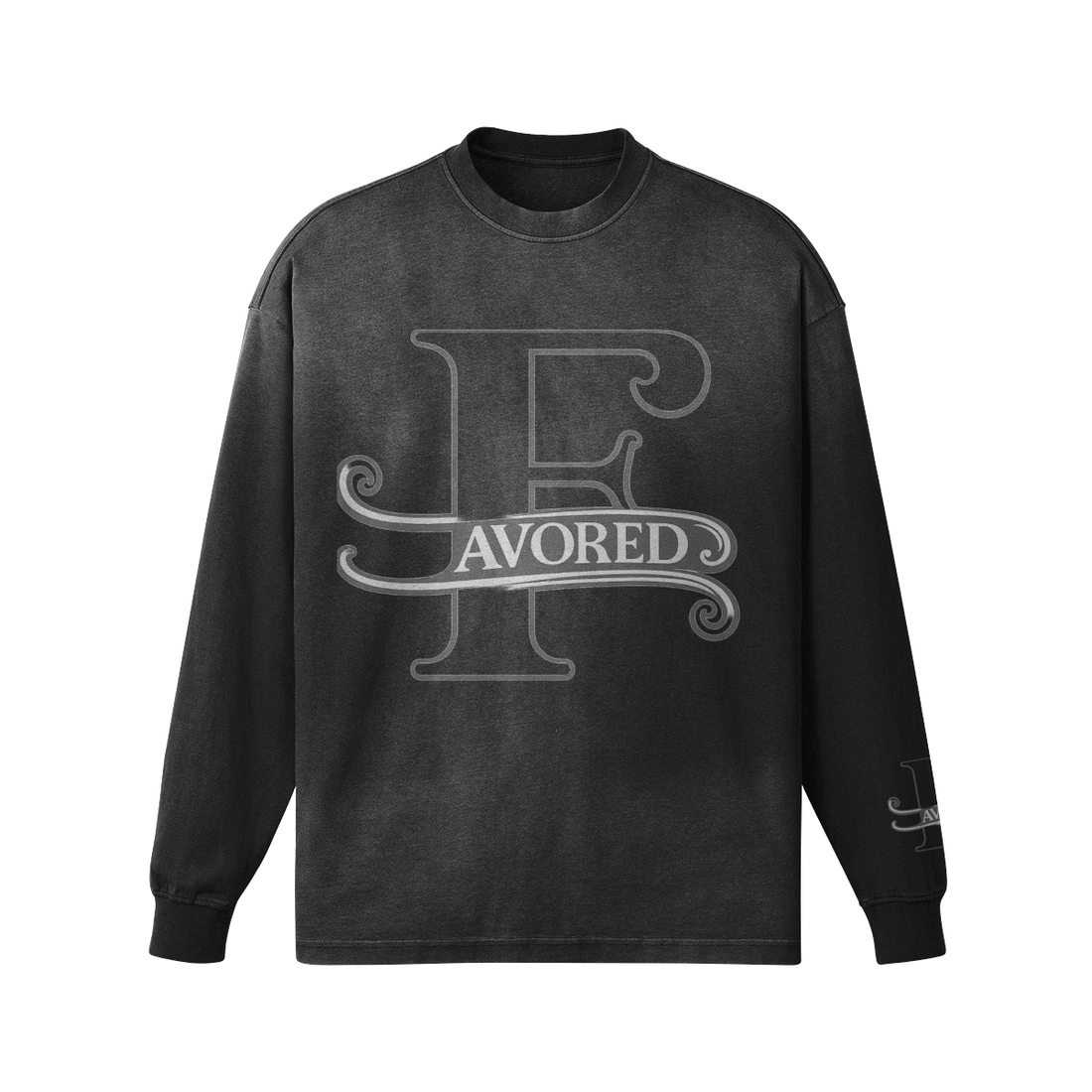 FAVORED Oversized Washed Long Sleeve Shirt in black with stylish graphic print, perfect for streetwear.