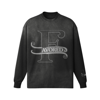 FAVORED Oversized Washed Long Sleeve Shirt in black with stylish graphic print, perfect for streetwear.