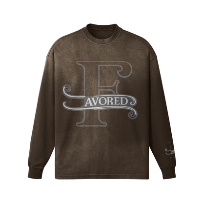 FAVORED Oversized Washed Long Sleeve Shirt in black with stylish graphic print, perfect for streetwear.