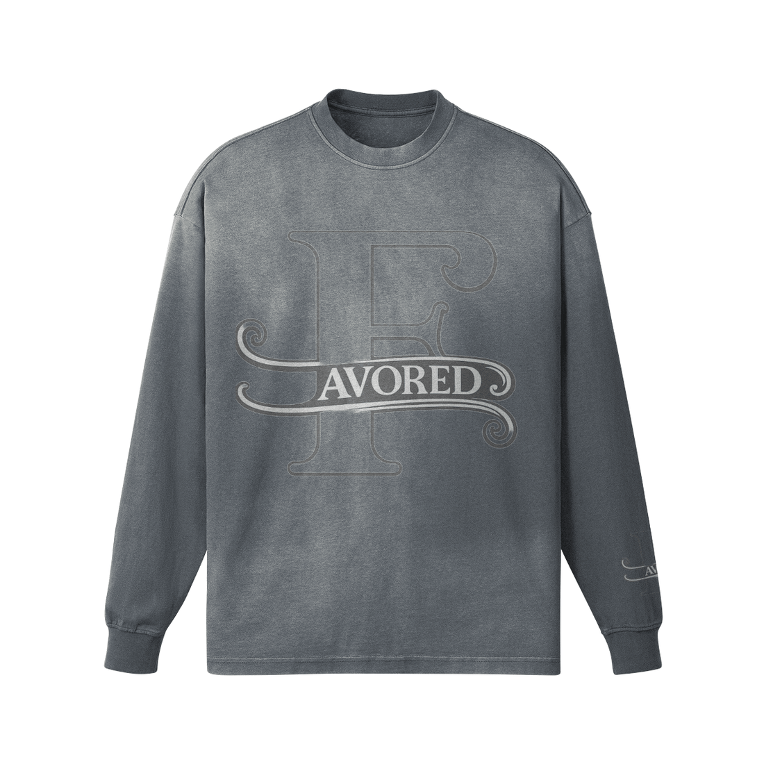 FAVORED Oversized Washed Long Sleeve Shirt in black with stylish graphic print, perfect for streetwear.