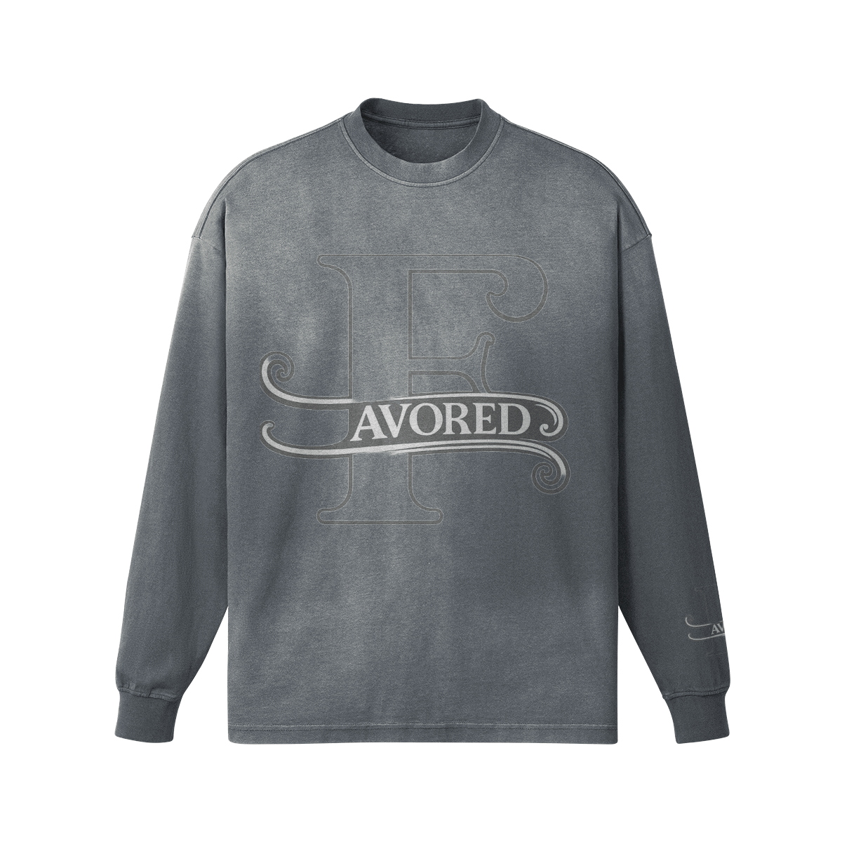 FAVORED Oversized Washed Long Sleeve Shirt in black with stylish graphic print, perfect for streetwear.