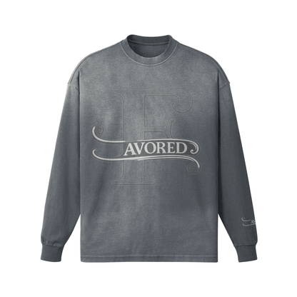 FAVORED Oversized Washed Long Sleeve Shirt in black with stylish graphic print, perfect for streetwear.
